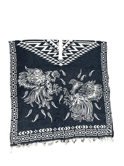 Navy Blue and White Roosters Fighting Poncho/Gaban