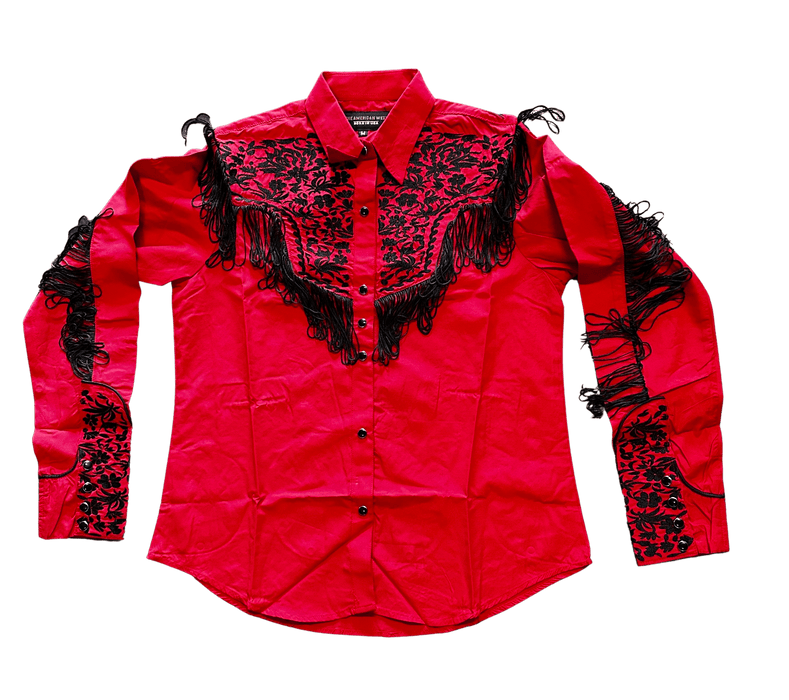 Camisa vaquera roja y negra con flecos para mujer