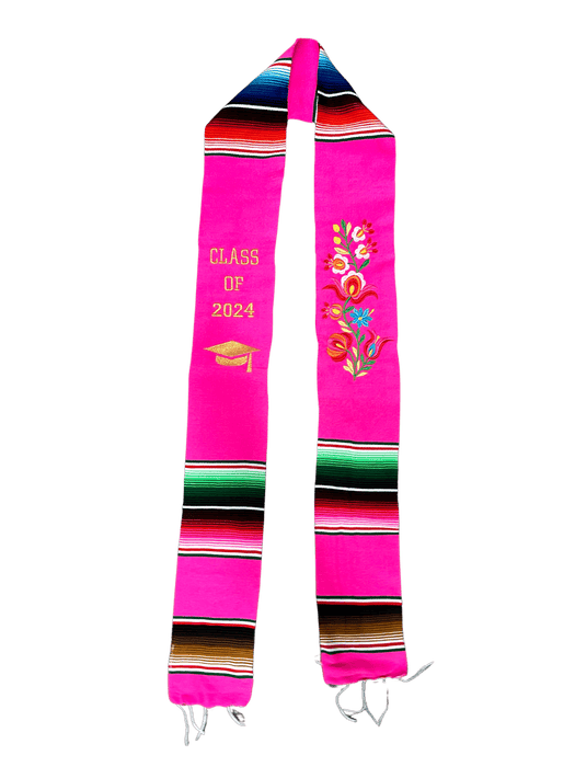 "Class of 2024” Pink with Flower Embroidery Multicolor Sarape Graduation Stole