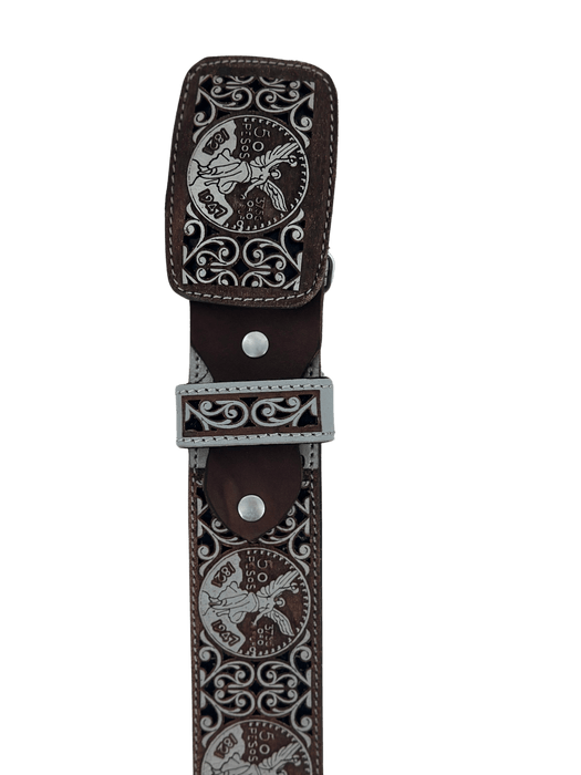 Brown and Silver "El Centenario" Chiseled Charro Leather Belt