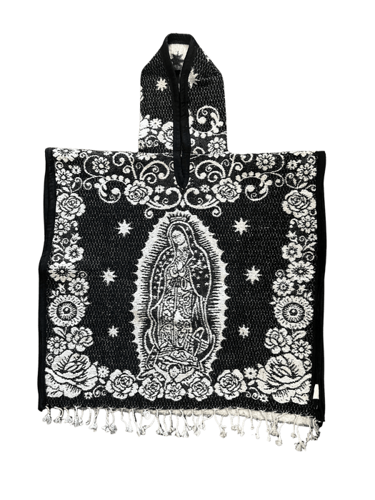 Youth Black and White Virgen de Guadalupe Poncho/Gaban with Hoodie / Gorro