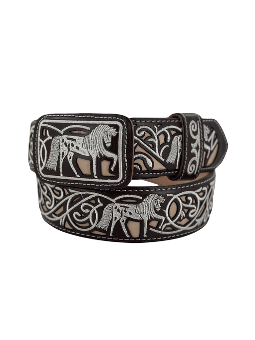 Brown with Light Brown and White  Dancing Horse with White Silk Thread Charro Leather Belt