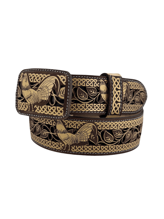 Brown & Gold Standing Rooster Chiseled Charro Leather Belt V2