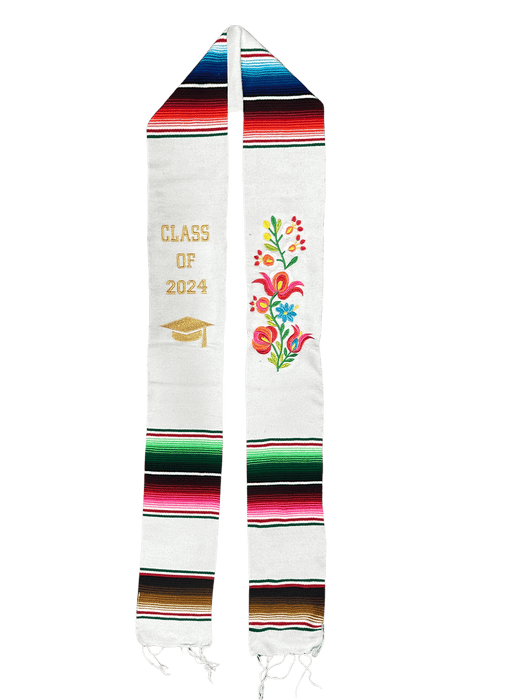 "Class of 2024” White with Flower Embroidery Multicolor Sarape Graduation Stole