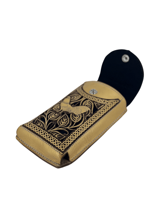 Brown and Gold Rooster Chiseled Leather Charro Phone Case