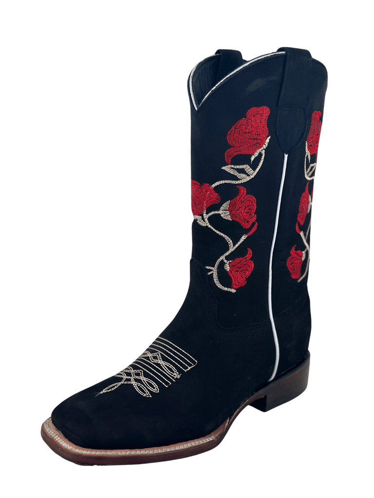 Women's Black Nobuck with White Stems and Red Roses Leather Sole