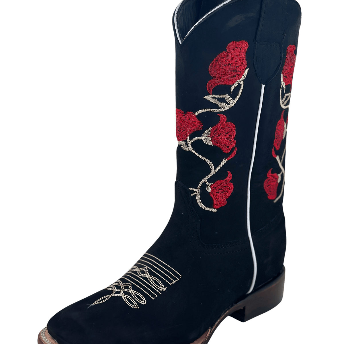 Women's Black Nobuck with White Stems and Red Roses Leather Sole