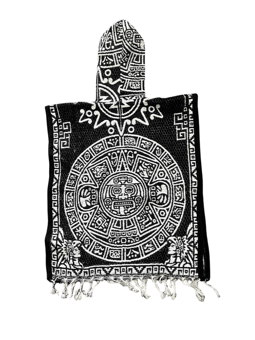Youth Black and White Aztec Calendar Poncho/Gaban with Hoodie / Gorro