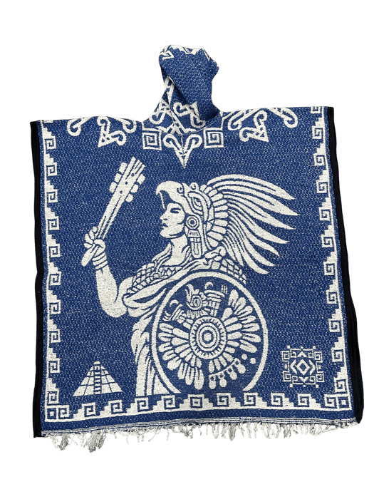 Blue and White Aztec Calendar with Warrior Poncho/Gaban with Hoodie / Gorro