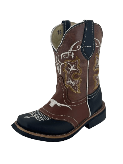 Boys' Dark Brown with Honey Layered White Bull Square Toe Rodeo Boys' Dark Brown with Honey Layered White Bull Square Toe Rodeo