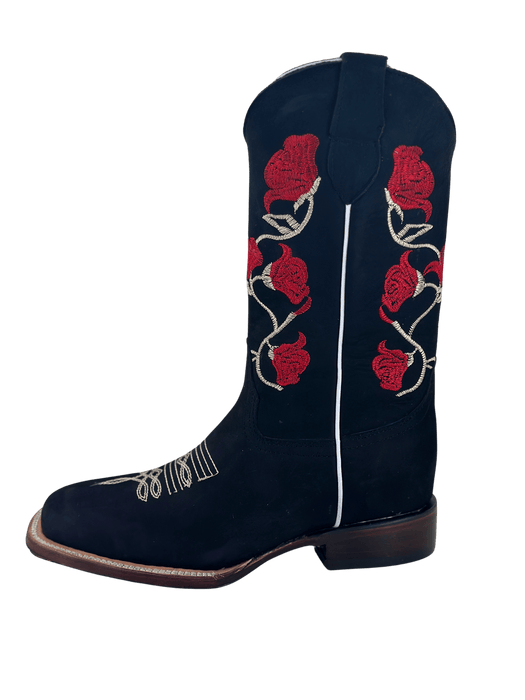 Women's Black Nobuck with White Stems and Red Roses Leather Sole Square Toe Rodeo Boot
