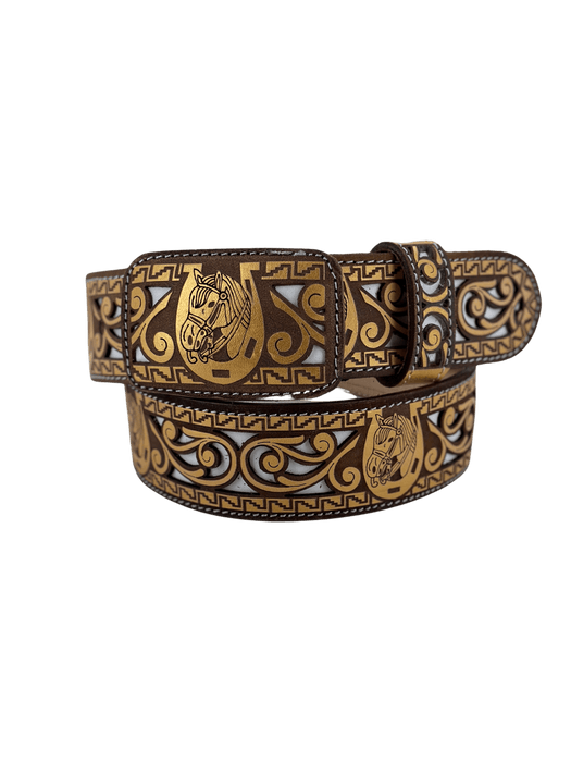 Brown and Gold Horse Head in Horseshoe Chiseled Charro Leather Belt