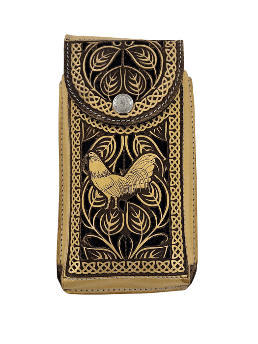 Brown and Gold Rooster Chiseled Leather Charro Phone Case