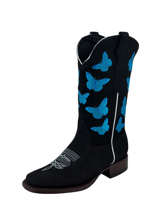 Women's Black Nobuck with Blue Butterflys Leather Sole Square Toe Boot