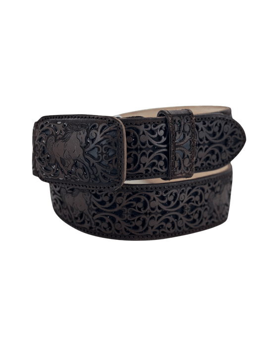Brown with Black Running Horse Chiseled Charro Leather Belt