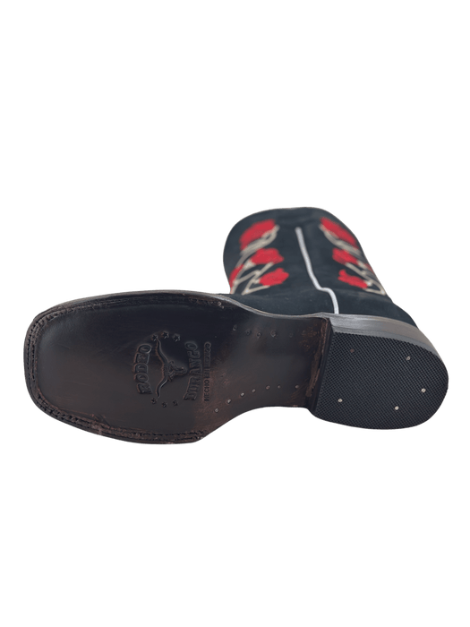 Women's Black Nobuck with White Stems and Red Roses Leather Sole Square Toe Rodeo Boot 22.5 MEX (5.5 US) Women's Black Nobuck with White Stems and Red Roses Leather Sole Square Toe Rodeo Boot 22.5 MEX (5.5 US)