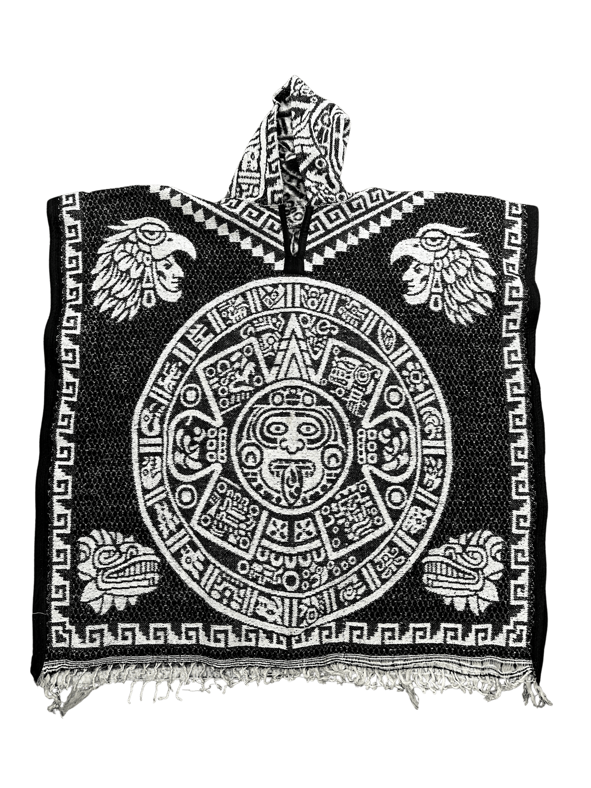 Black and White Double Aztec Calendar Poncho/Gaban with Hoodie / Gorro ...