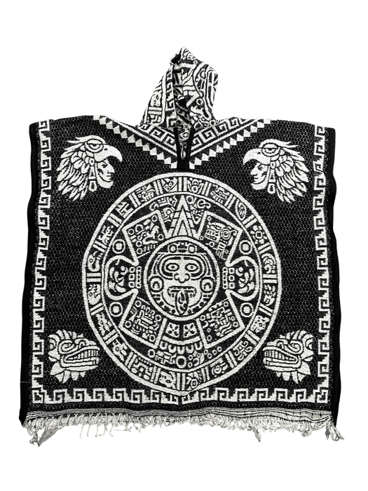 Black and White Double Aztec Calendar Poncho/Gaban with Hoodie / Gorro