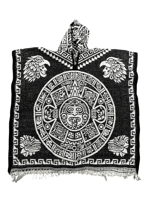 Black and White Double Aztec Calendar Poncho Gaban with Hoodie Gorro Rodeo Durango Brand Corp