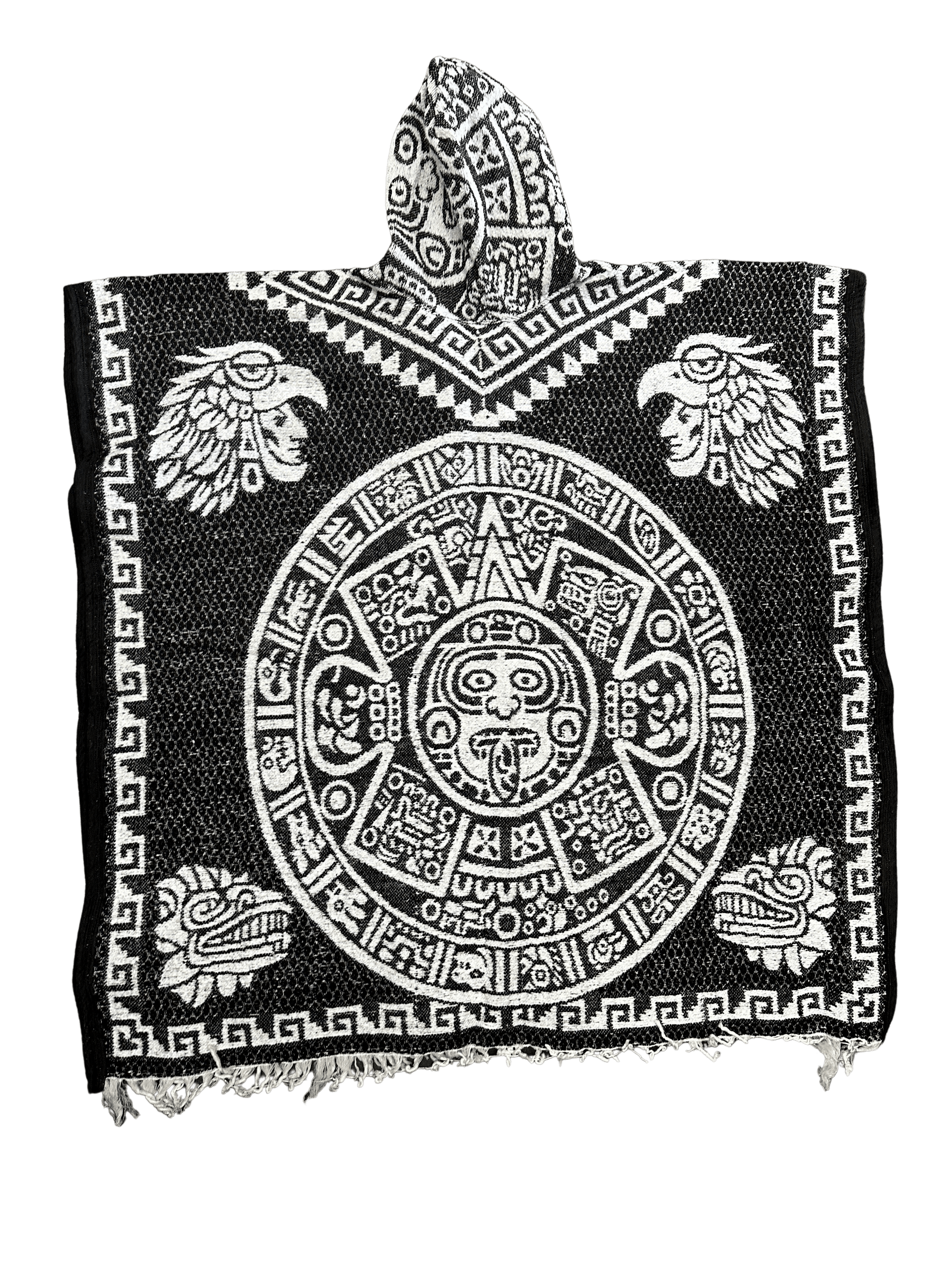 Black and White Double Aztec Calendar Poncho/Gaban with Hoodie / Gorro ...