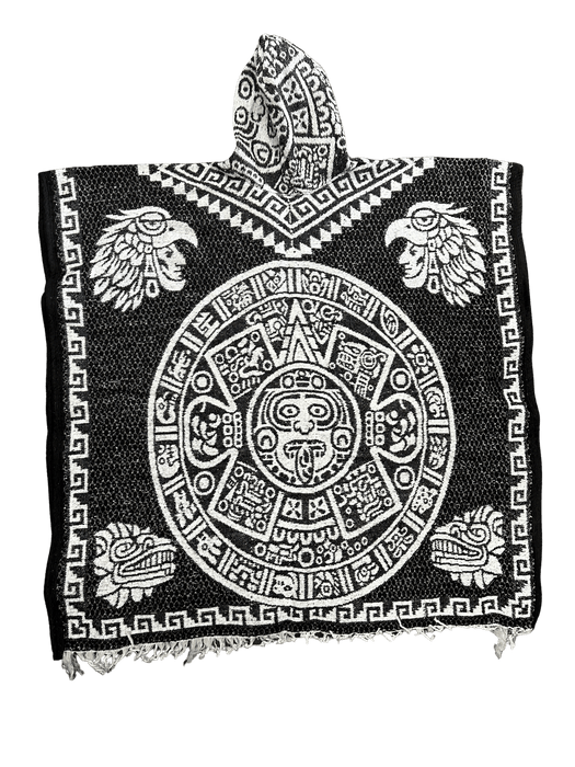 Black and White Double Aztec Calendar Poncho/Gaban with Hoodie / Gorro