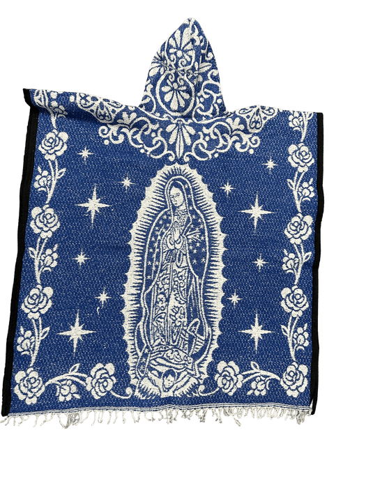 Blue and White Virgen de Guadalupe Poncho/Gaban with Hoodie / Gorro