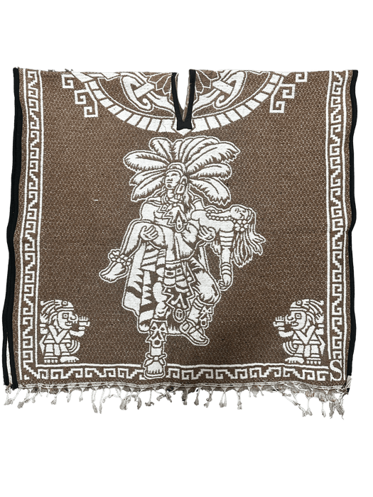 Light Brown and White "Escudo de Mexico" with Warrior Carrying Sleeping Woman Poncho/Gaban