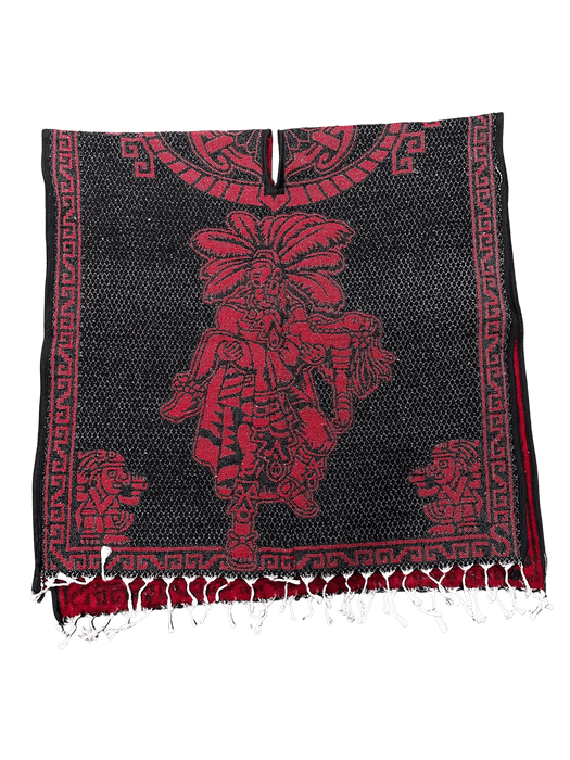 Black and Red "Escudo de Mexico" with Warrior Carrying Sleeping Woman Poncho/Gaban