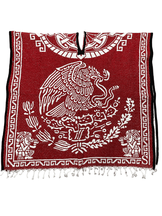 Red and White "Escudo de Mexico" with Warrior Carrying Sleeping Woman Poncho/Gaban