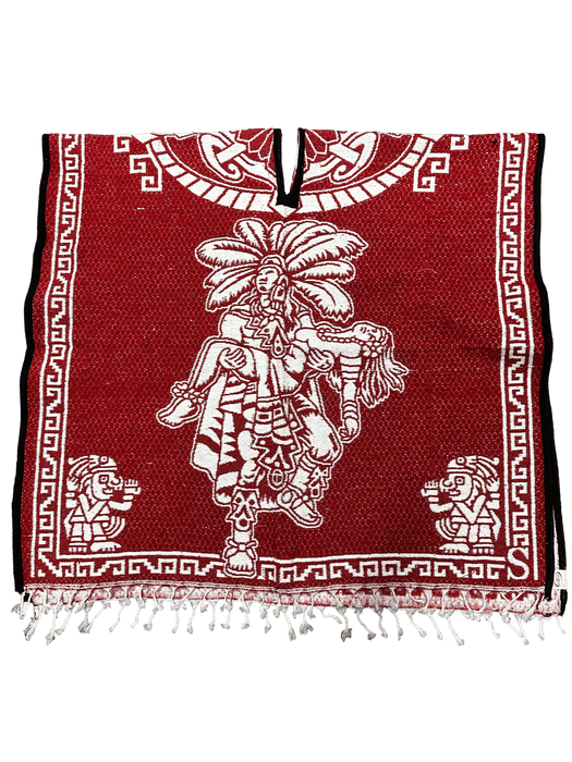Red and White "Escudo de Mexico" with Warrior Carrying Sleeping Woman Poncho/Gaban