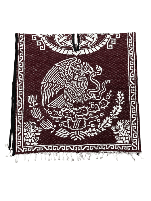 Burgundy and White "Escudo de Mexico" with Warrior Carrying Sleeping Woman Poncho/Gaban