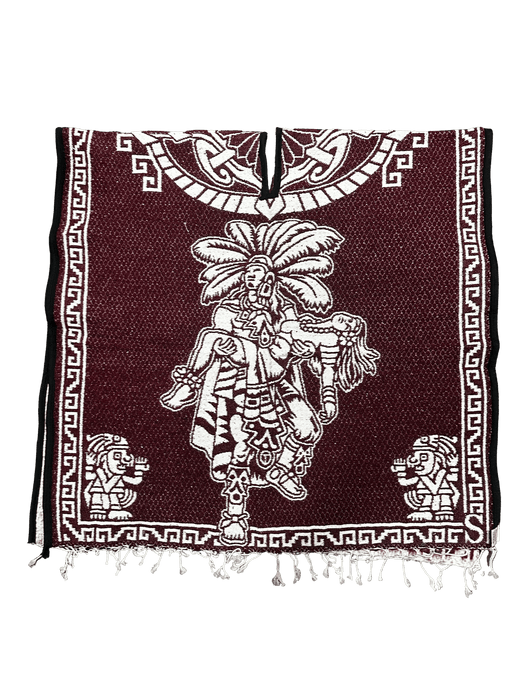 Burgundy and White "Escudo de Mexico" with Warrior Carrying Sleeping Woman Poncho/Gaban