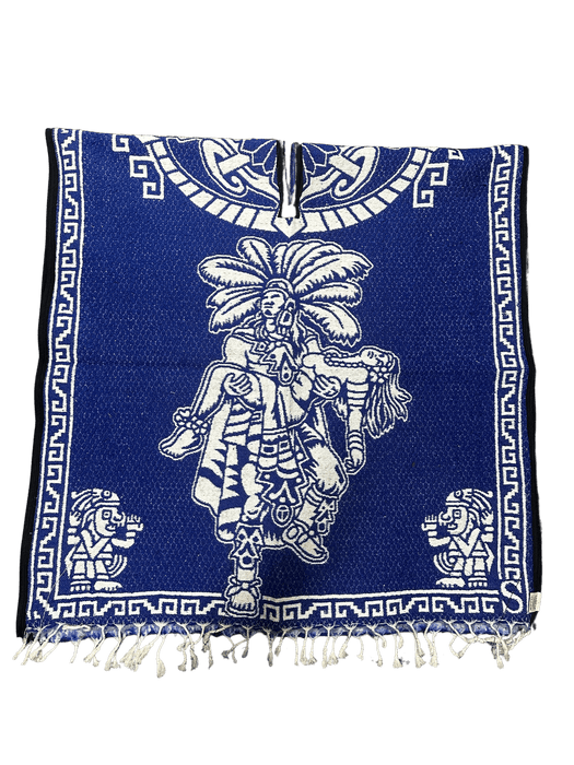 Blue and White "Escudo de Mexico" with Warrior Carrying Sleeping Woman Poncho/Gaban