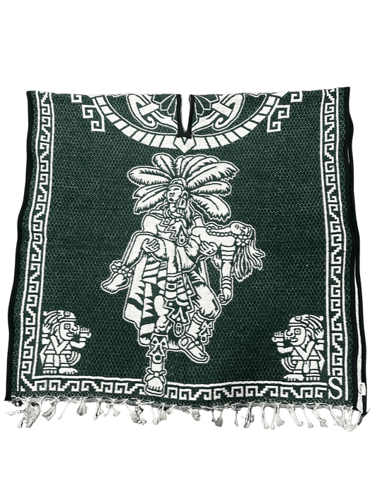 Green and White "Escudo de Mexico" with Warrior Carrying Sleeping Woman Poncho/Gaban