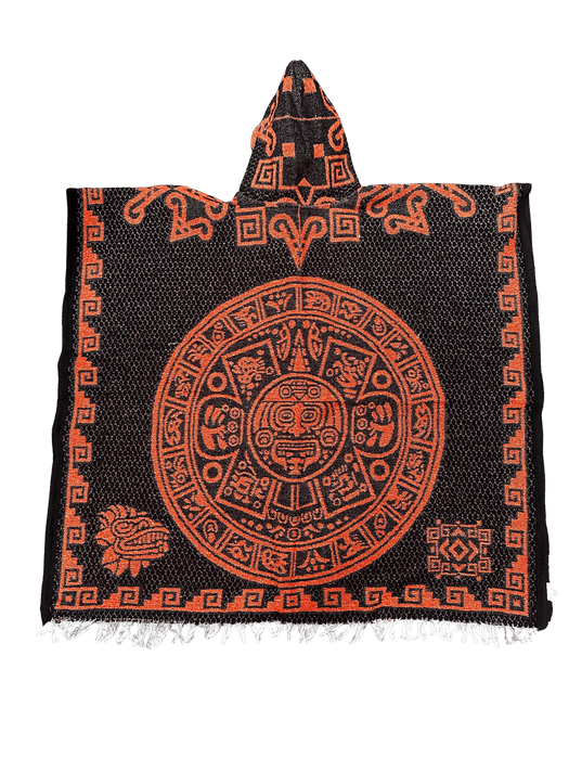Black and Orange Aztec Calendar with Warrior Poncho/Gaban with Hoodie / Gorro