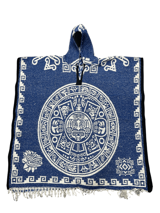 Blue and White Aztec Calendar with Warrior Poncho/Gaban with Hoodie / Gorro