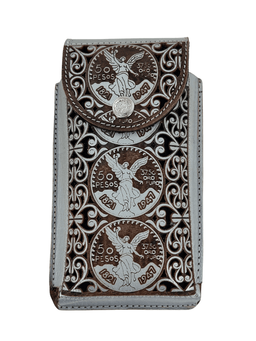 Brown and Silver "El Centenario" Chiseled Leather Charro Phone Case