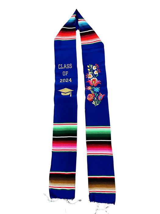 "Class of 2024” Blue with Flower Embroidery Multicolor Sarape Graduation Stole