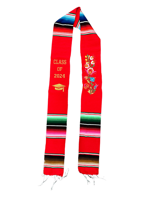 "Class of 2024” Red with Flower Embroidery Multicolor Sarape Graduation Stole