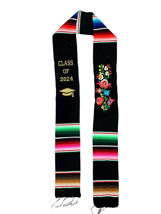 "Class of 2024” Black with Flower Embroidery Multicolor Sarape Graduation Stole