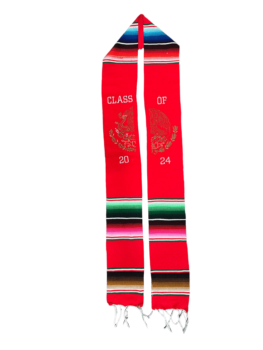 "Class of 2024” Red "Escudo de Mexico Multicolor Sarape Graduation Stole