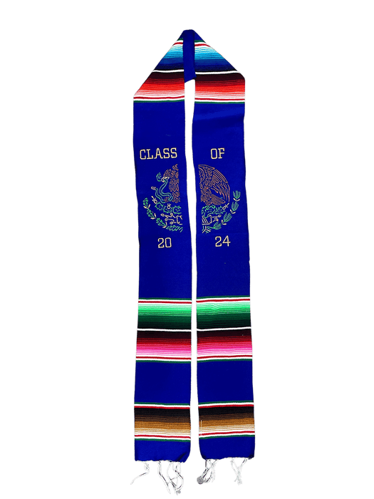 "Class of 2024” Blue "Escudo de Mexico Multicolor Sarape Graduation Stole