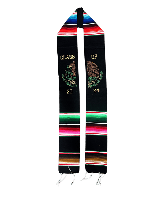 "Class of 2024” Black "Escudo de Mexico Multicolor Sarape Graduation Stole