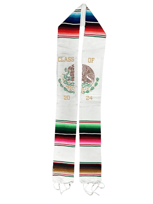 Class of 2024” White "Escudo de Mexico Multicolor Sarape Graduation Stole
