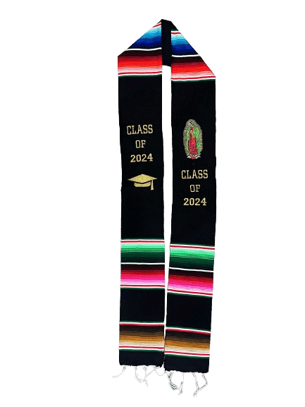 "Class of 2024” Black "Virgen de Guadalupe" Multicolor Sarape Graduation Stole