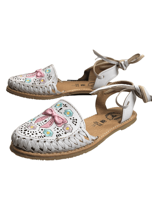 White Pink "Moño" with Flowers Wrap Around Heel Huarache