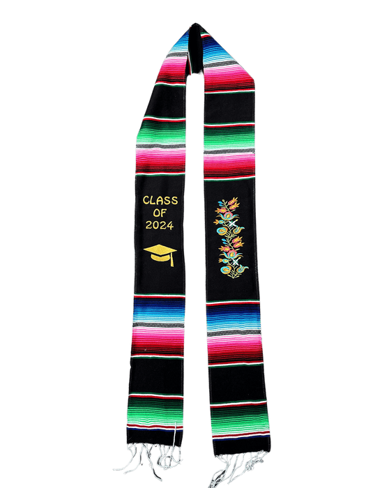 "Class of 2024” Black with Flower Embroidery Multicolor Sarape Graduation Stole V2