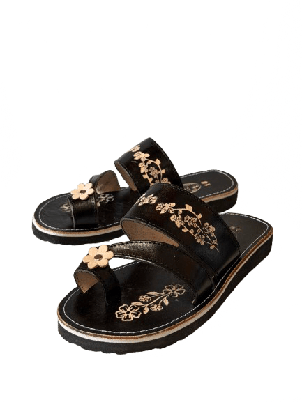 Leather Sandal - Black Flower Toe Ring