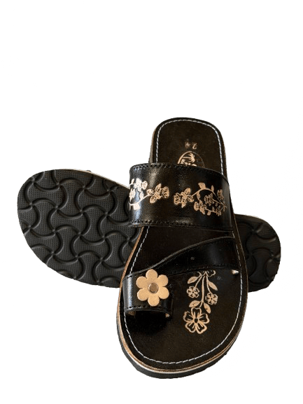 Leather Sandal - Black Flower Toe Ring