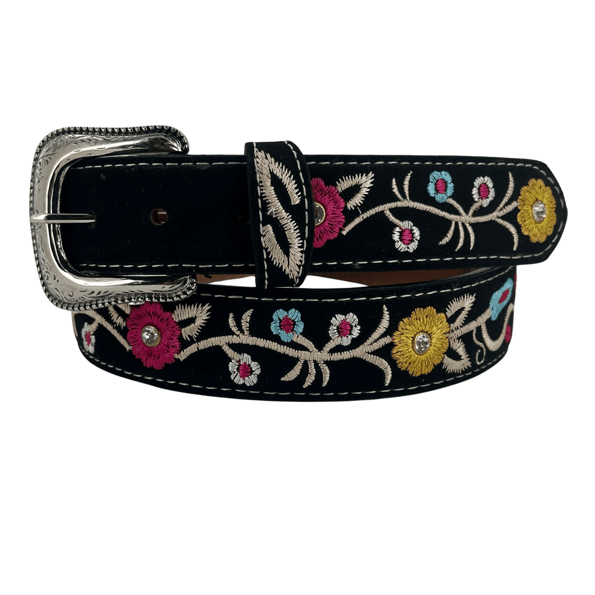 Women's Black Nobuck with Yellow and Fuchsia Flowers Silk Thread